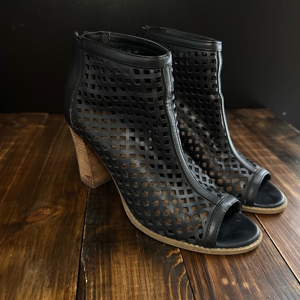 Black open toed mesh leather booties